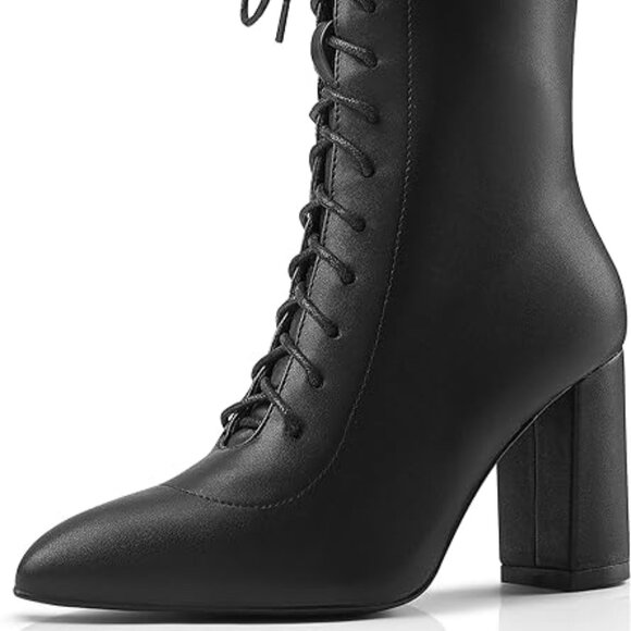 Ankle Boots Lace Up Side Zipper Block Heel Mid Calf High Heel Booties, 8.5 Black - Picture 3 of 5